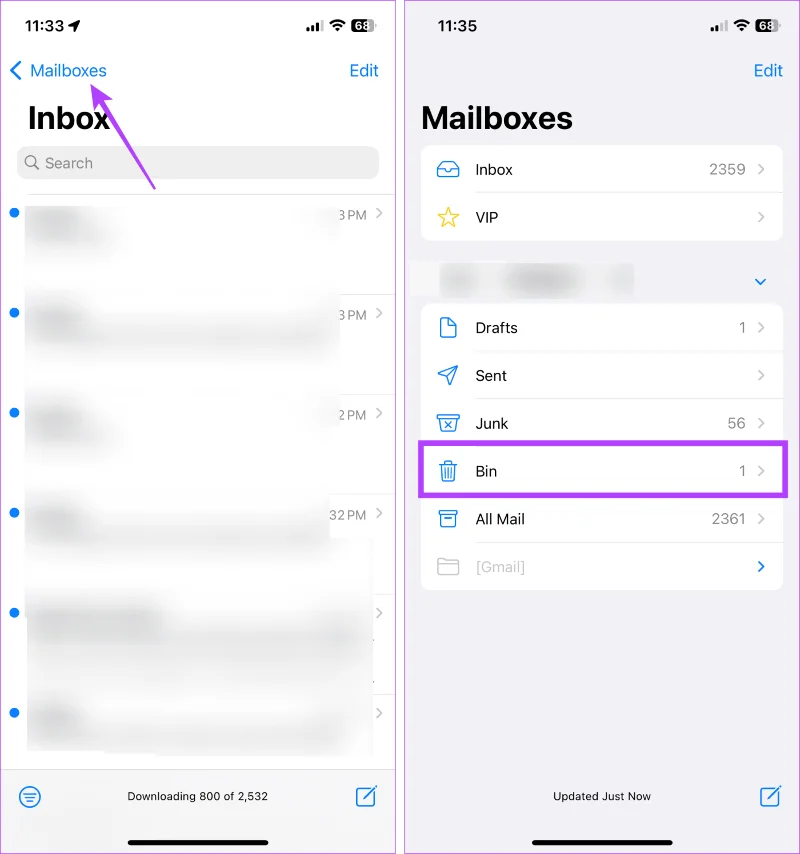 Corbeille dans l'application Mail