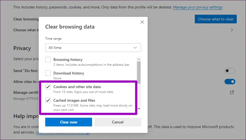 วิธีล้างแคชและคุกกี้บน Microsoft Edge