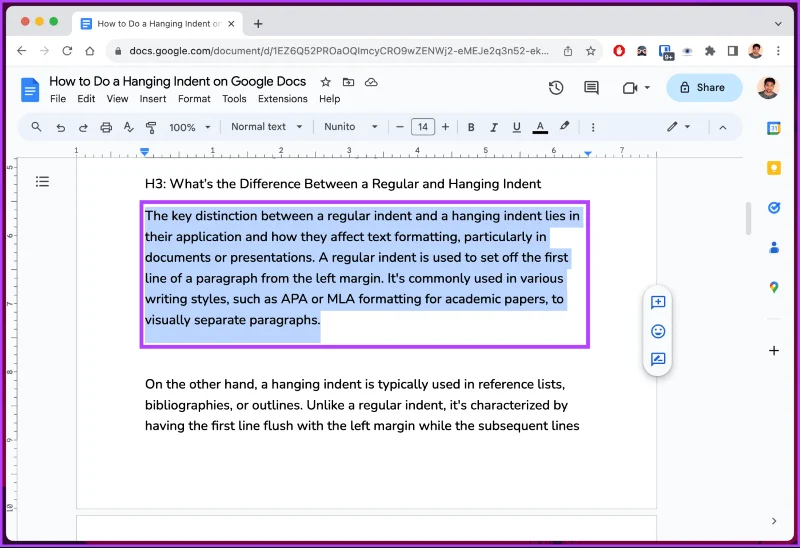 Comment faire un retrait suspendu sur Google Docs