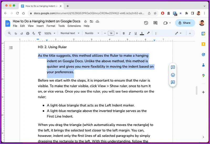 Comment faire un retrait suspendu sur Google Docs