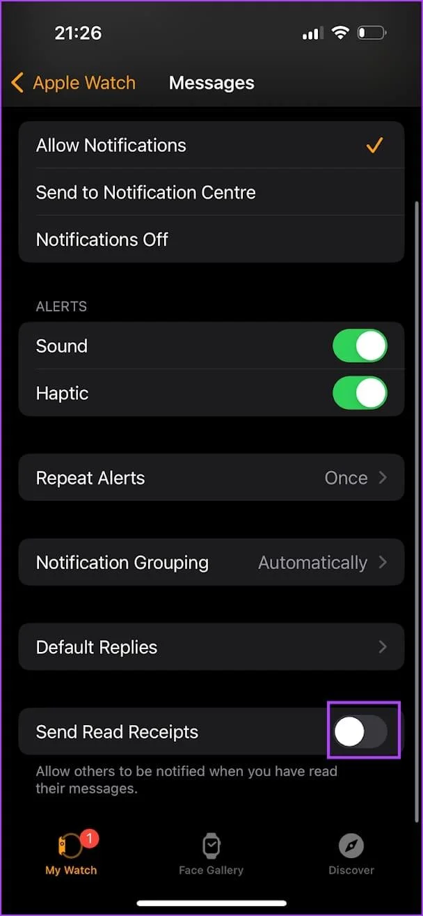 Comment désactiver les accusés de lecture pour Apple Watch uniquement