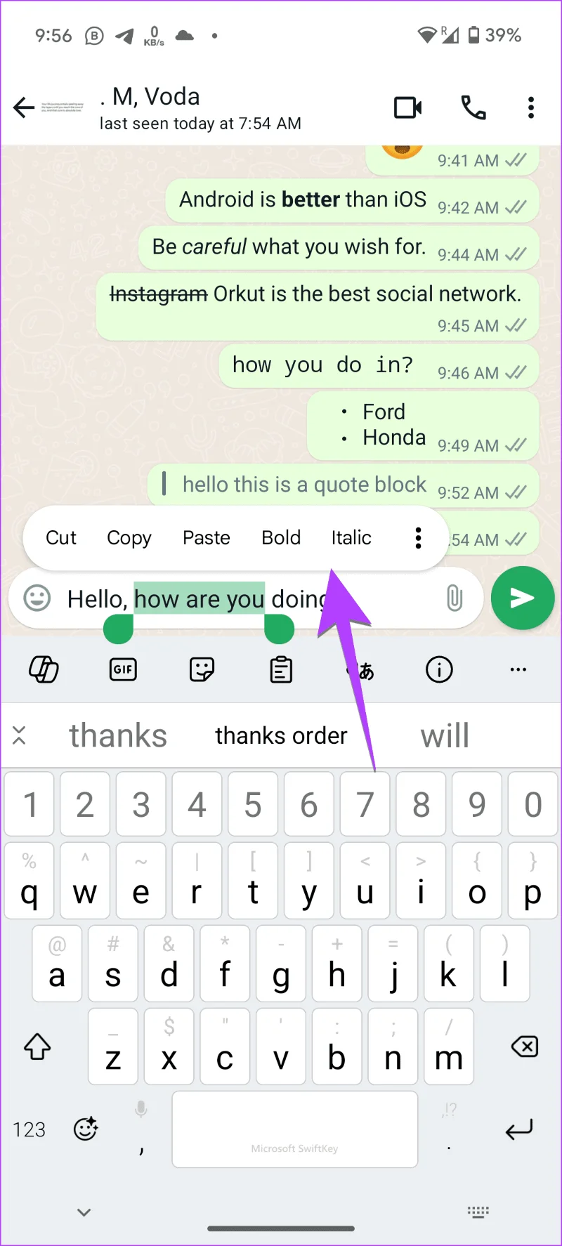 WhatsApp Formatierungsoberfläche