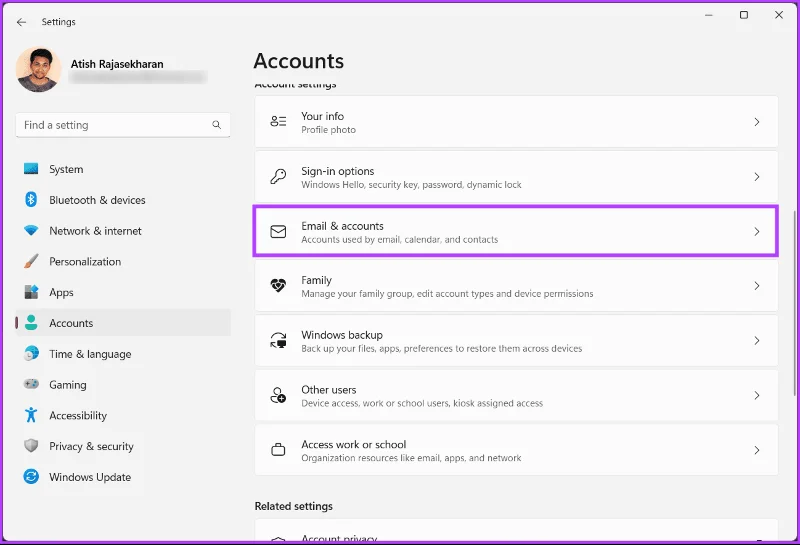 Sélectionner E-mail et comptes
