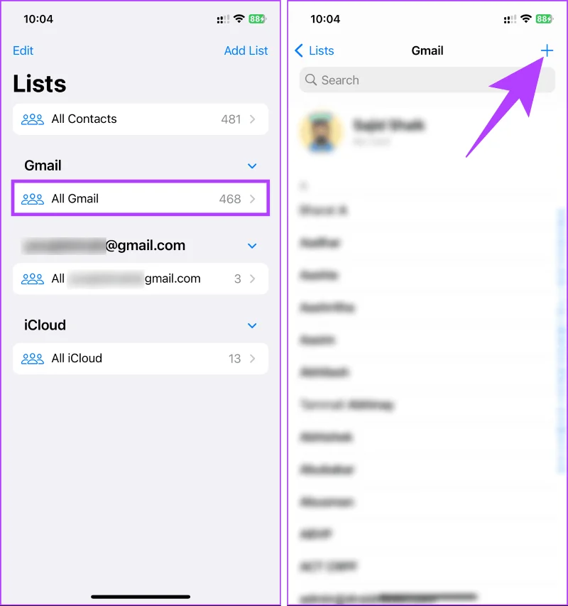 Plus knop voor nieuw contact
