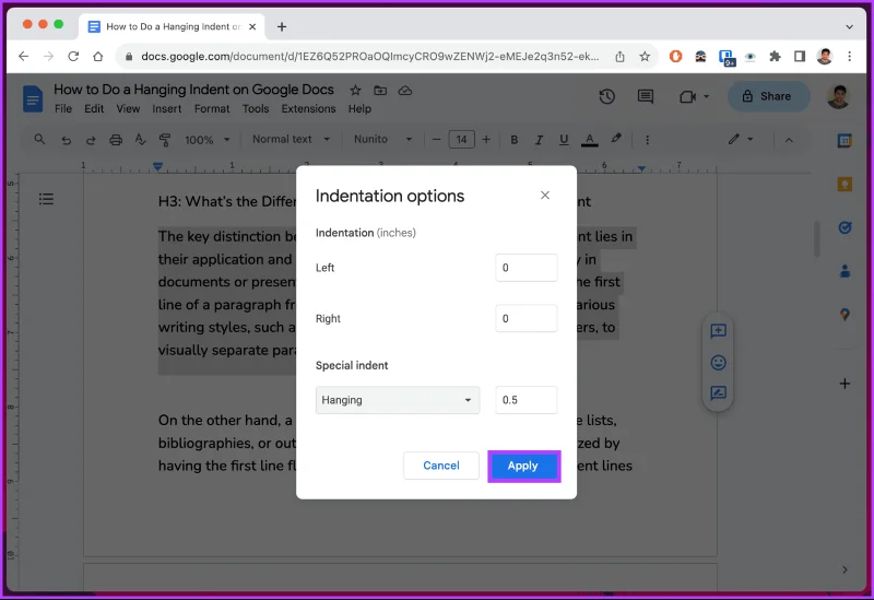 Comment faire un retrait suspendu sur Google Docs