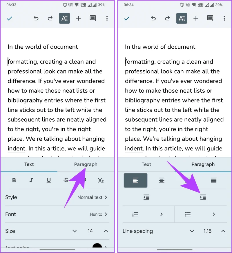 Comment faire un retrait suspendu sur Google Docs