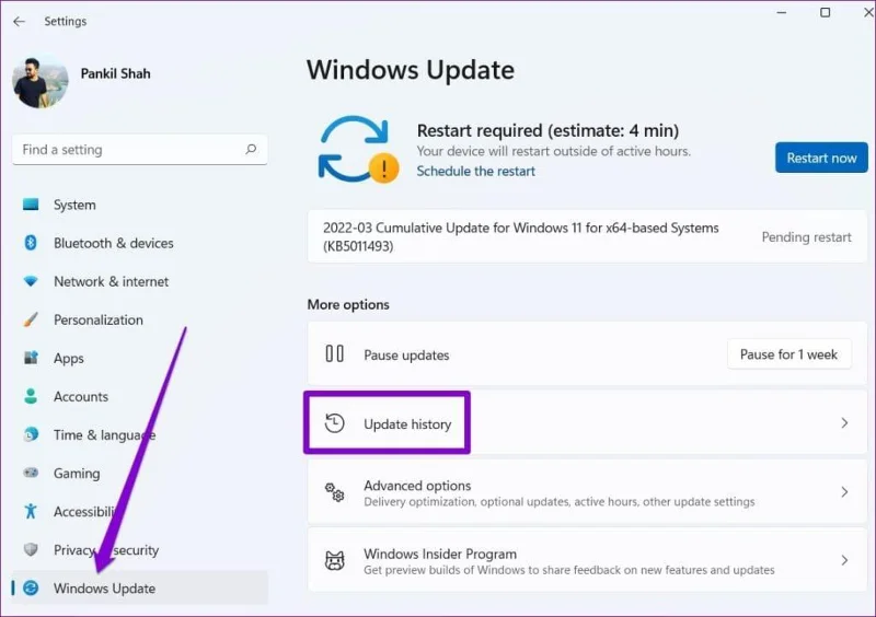Historial de actualizaciones en Windows 11