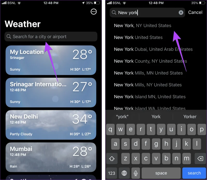 Buscar ciudad en la app Weather