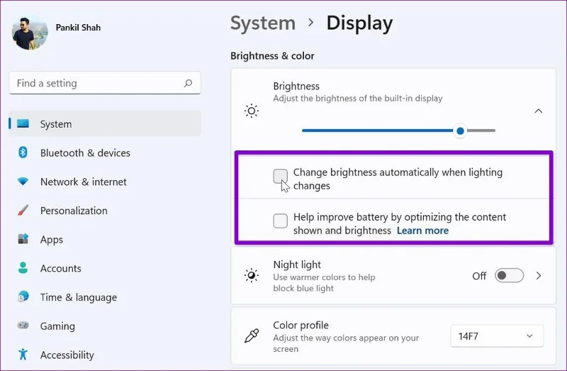 Configuración de brillo automático en Windows 11