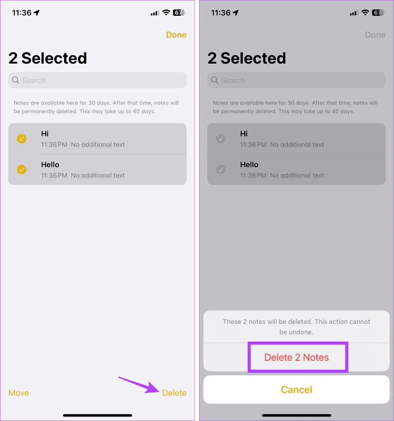 Confirmation de suppression dans Notes