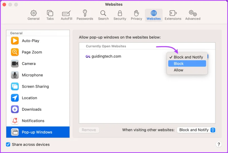 Hoe Safari Pop-up Blocker op Mac in of uit te schakelen