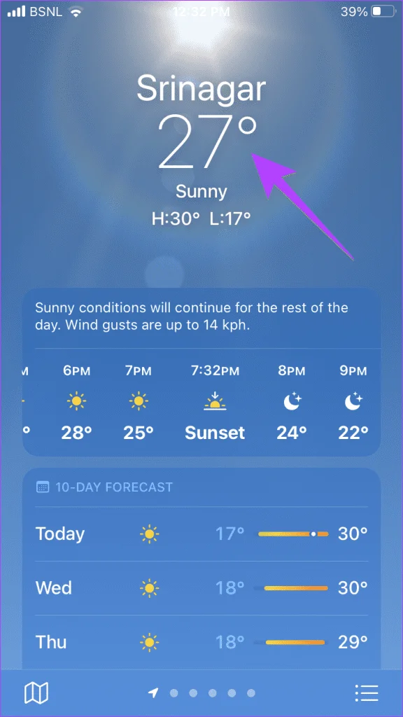 Temperatura actual en la aplicación climatológica