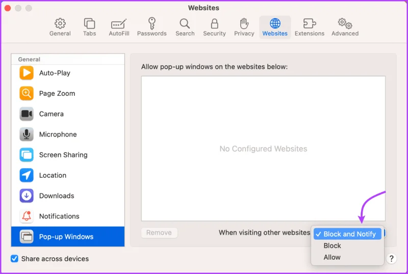 Hoe Safari Pop-up Blocker op Mac in of uit te schakelen