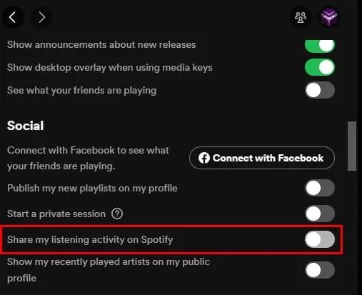 Wyłącz aktywność słuchania na Spotify