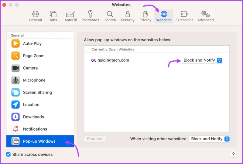 Hoe Safari Pop-up Blocker op Mac in of uit te schakelen