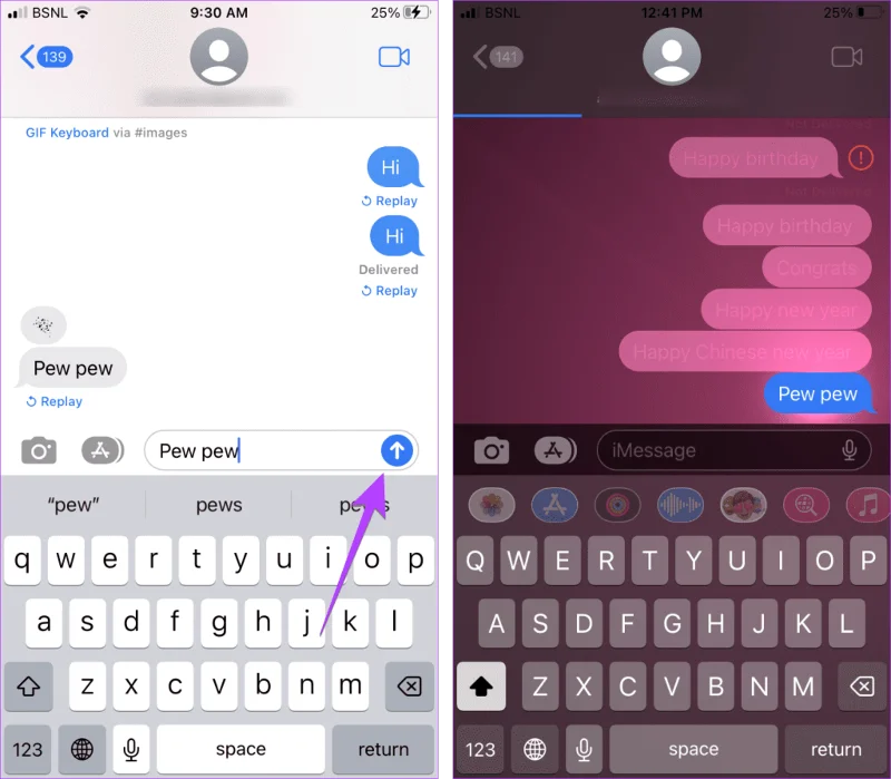 Top 9 iMessage-trucs zoals Pew Pew om speciale effecten op de iPhone toe te voegen