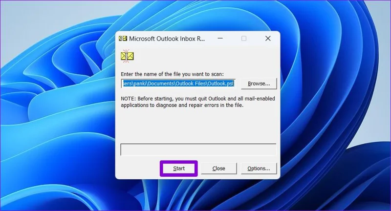 Iniciar escaneo de archivos de Outlook