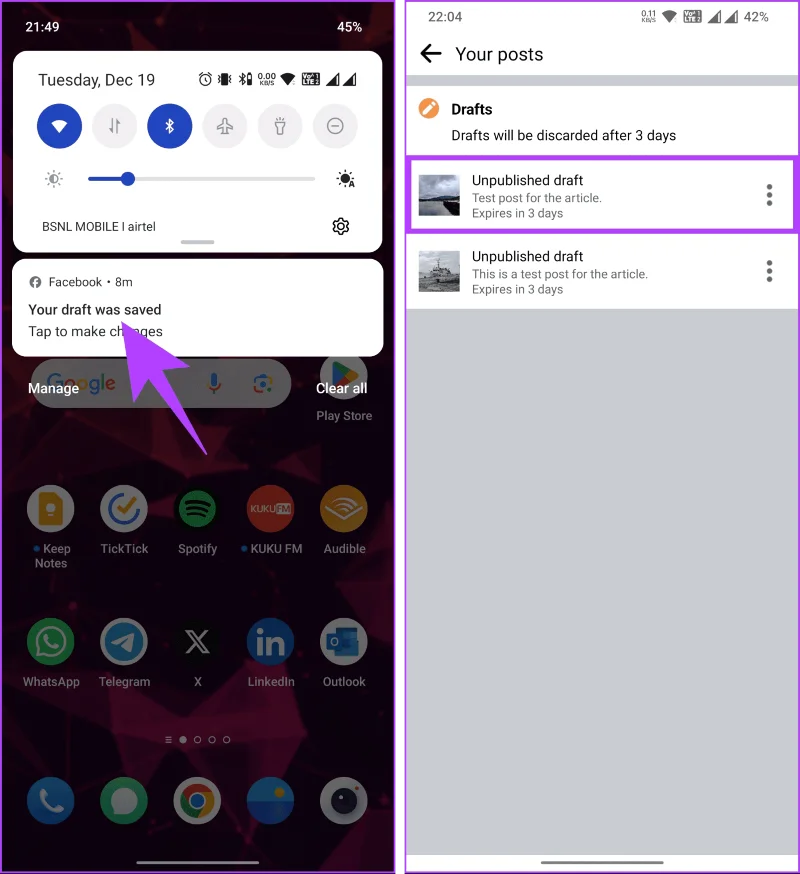 Vue des brouillons sur l'application Android