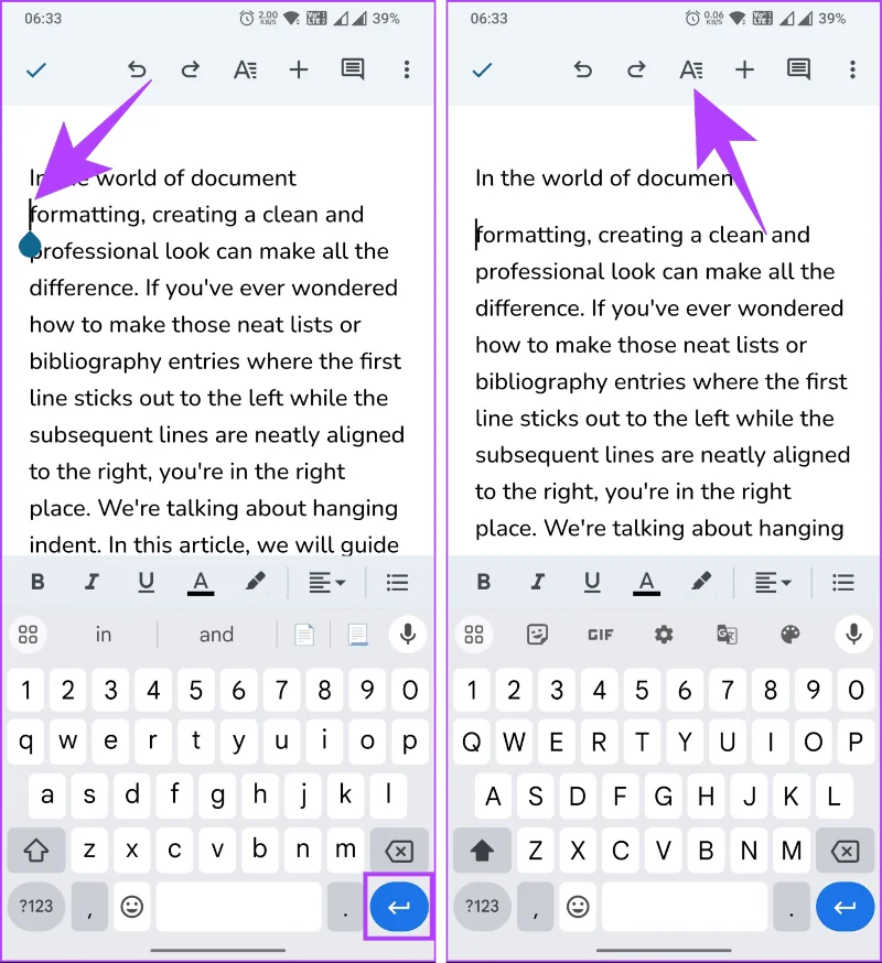 Comment faire un retrait suspendu sur Google Docs