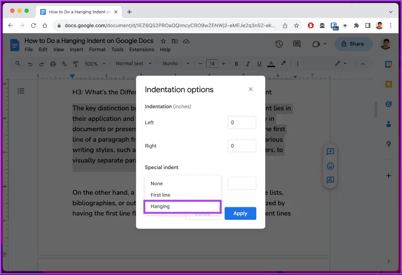 Comment faire un retrait suspendu sur Google Docs