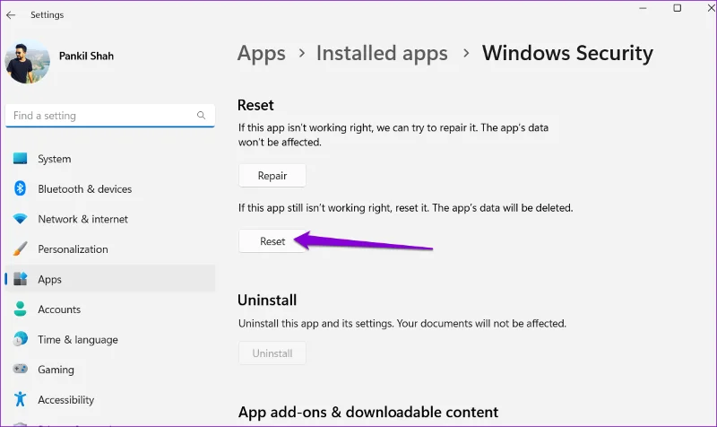 Restablecer la aplicación de Seguridad de Windows