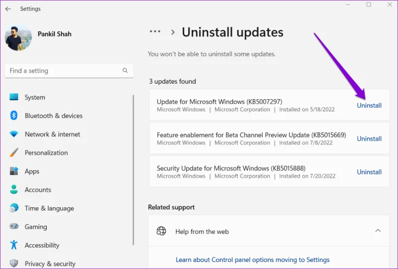 Desinstalar actualización específica en Windows 11