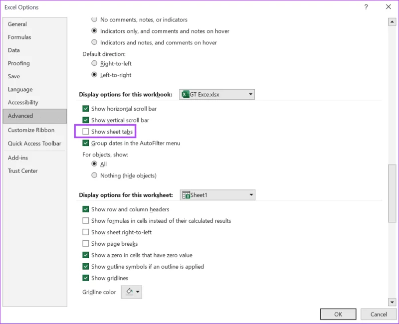 كيفية إصلاح عدم ظهور علامات تبويب ورقة عمل Excel