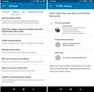 Options d'affichage du profil LinkedIn