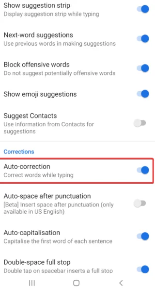 Androidde Otomatik Düzeltmeyi Devre Dışı Bırakma