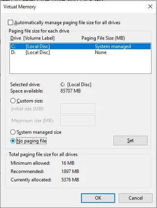 Cara Mengubah / Memindahkan atau Menonaktifkan Pagefile di Windows 10
