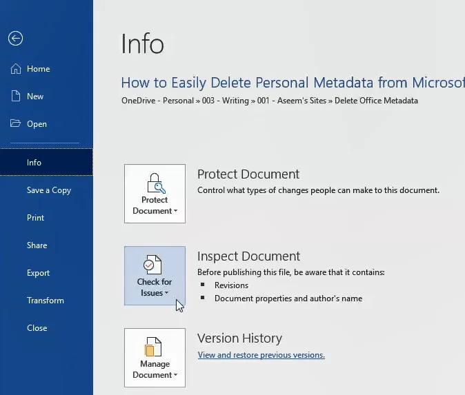 Cara Memadam Metadata Peribadi sepenuhnya daripada Dokumen Microsoft Office