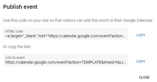 Publicarea evenimentului Google Calendar