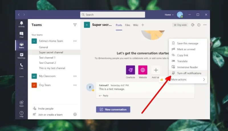 Cara menonaktifkan saluran dan pemberitahuan pesan di Microsoft Teams
