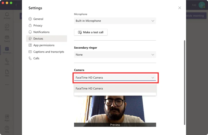 Paramètres de la caméra dans Microsoft Teams