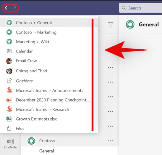 วิธีย้อนกลับและส่งต่อใน Microsoft Teams ด้วยเมนูประวัติ