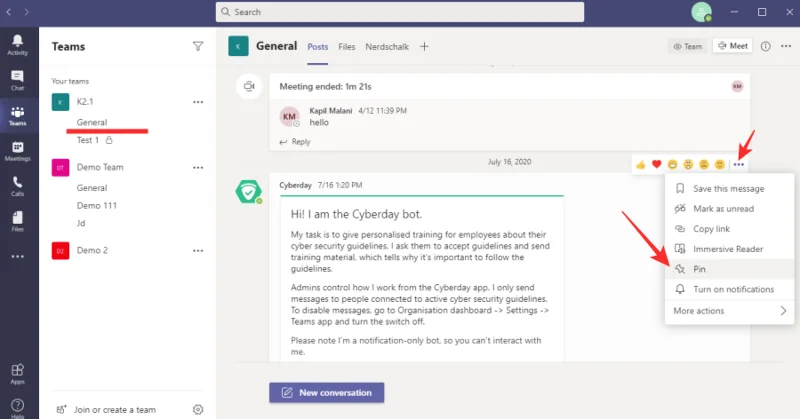 วิธีปักหมุดข้อความบน Microsoft Teams