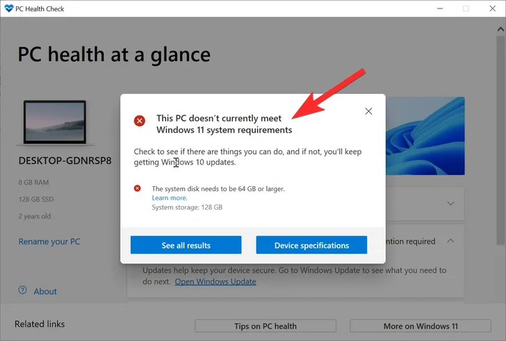 이 PC의 Windows 11 요구 사항을 충족하지 않는 오류 화면