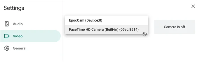 Impostazioni fotocamera in Google Meet