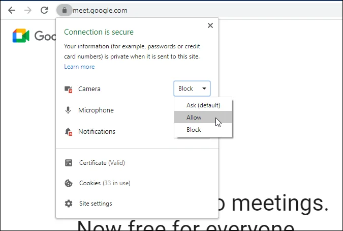 Consenti fotocamera in Chrome