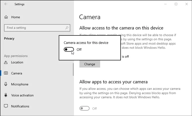 Impostazioni fotocamera in Windows